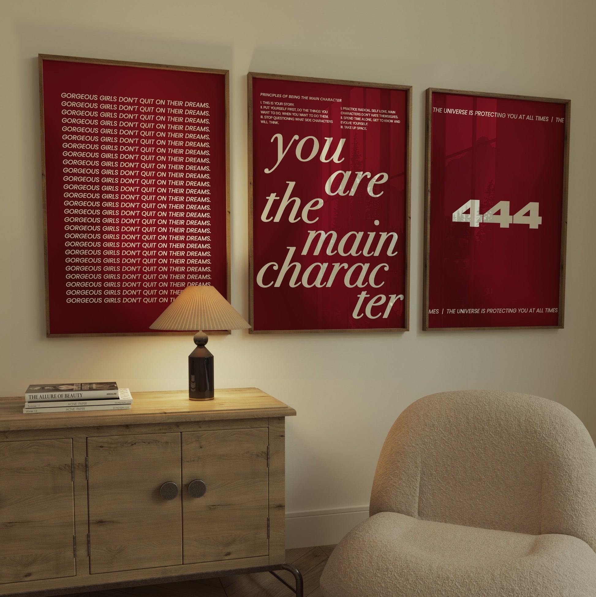 Inspirational red wall art set perfect for bedrooms, offices, or creative spaces.
