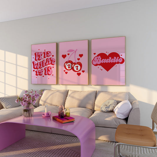 Pink And Cherry Red Wall Art Set of 3