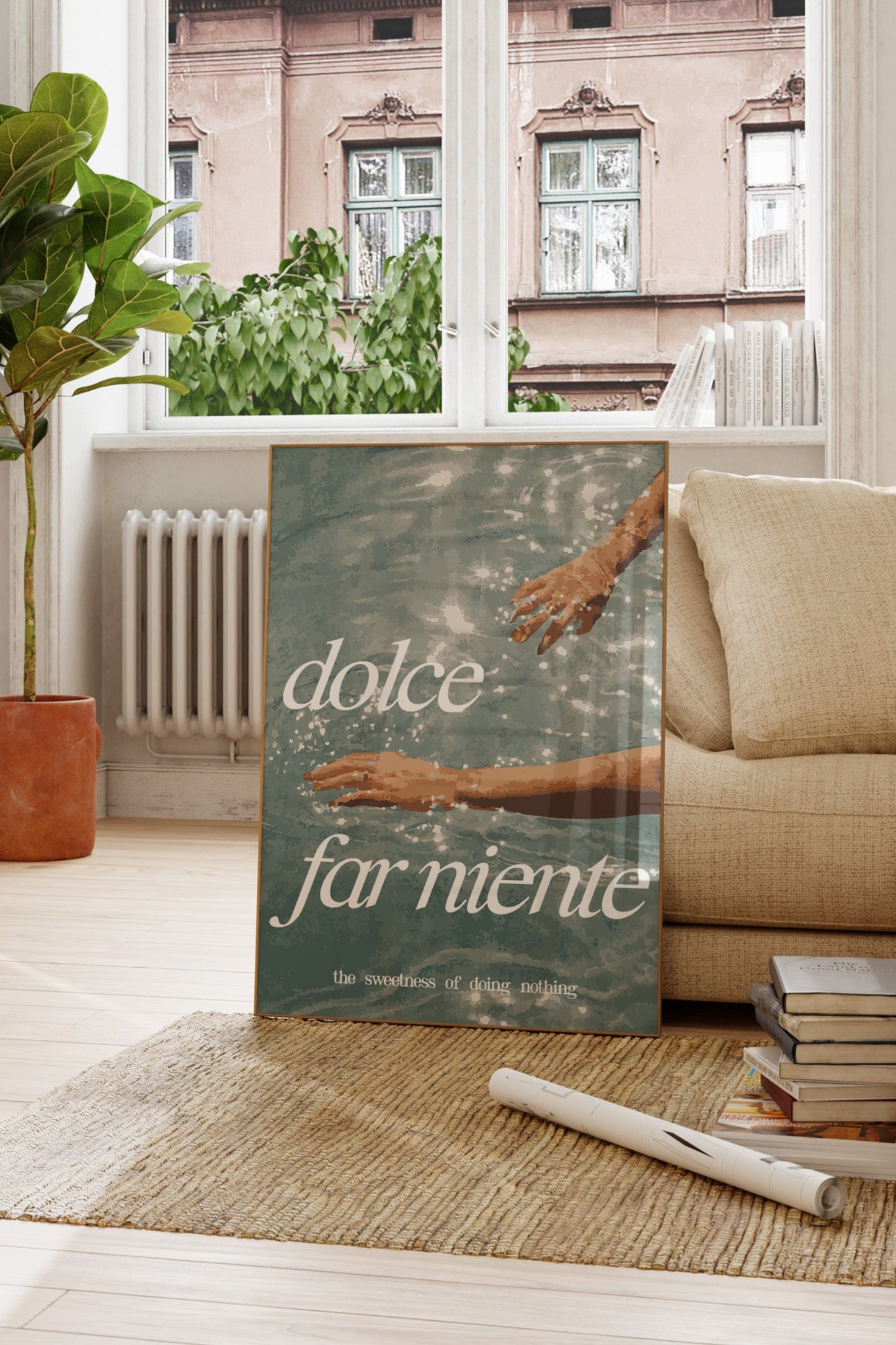 Minimalist art print of hands in water with text 'dolce far niente.