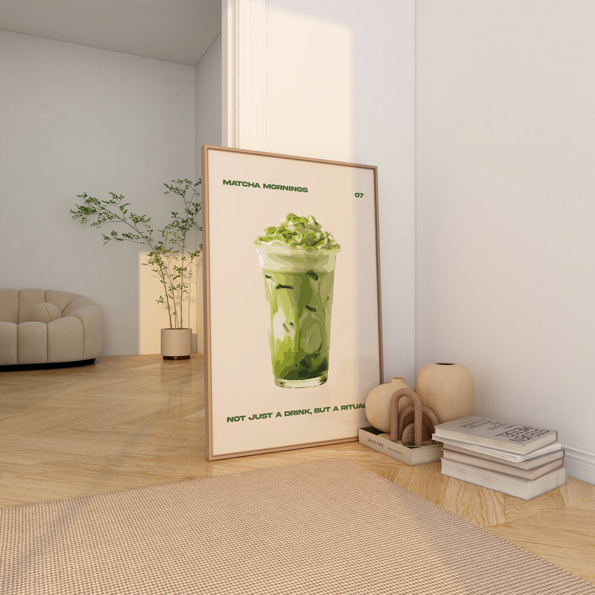 Digital wall art print of an iced matcha latte in minimalist style.