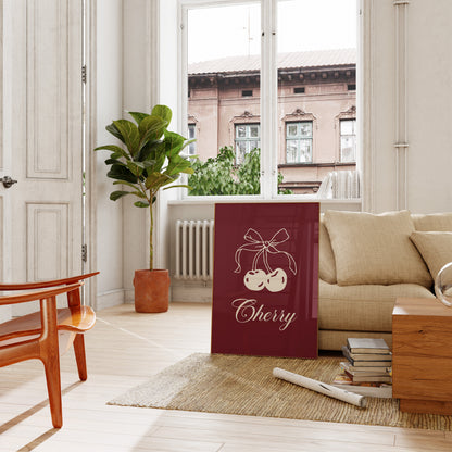 Trendy burgundy cherry printable artwork in a Scandinavian-inspired frame, ideal for bedroom or living room decor.