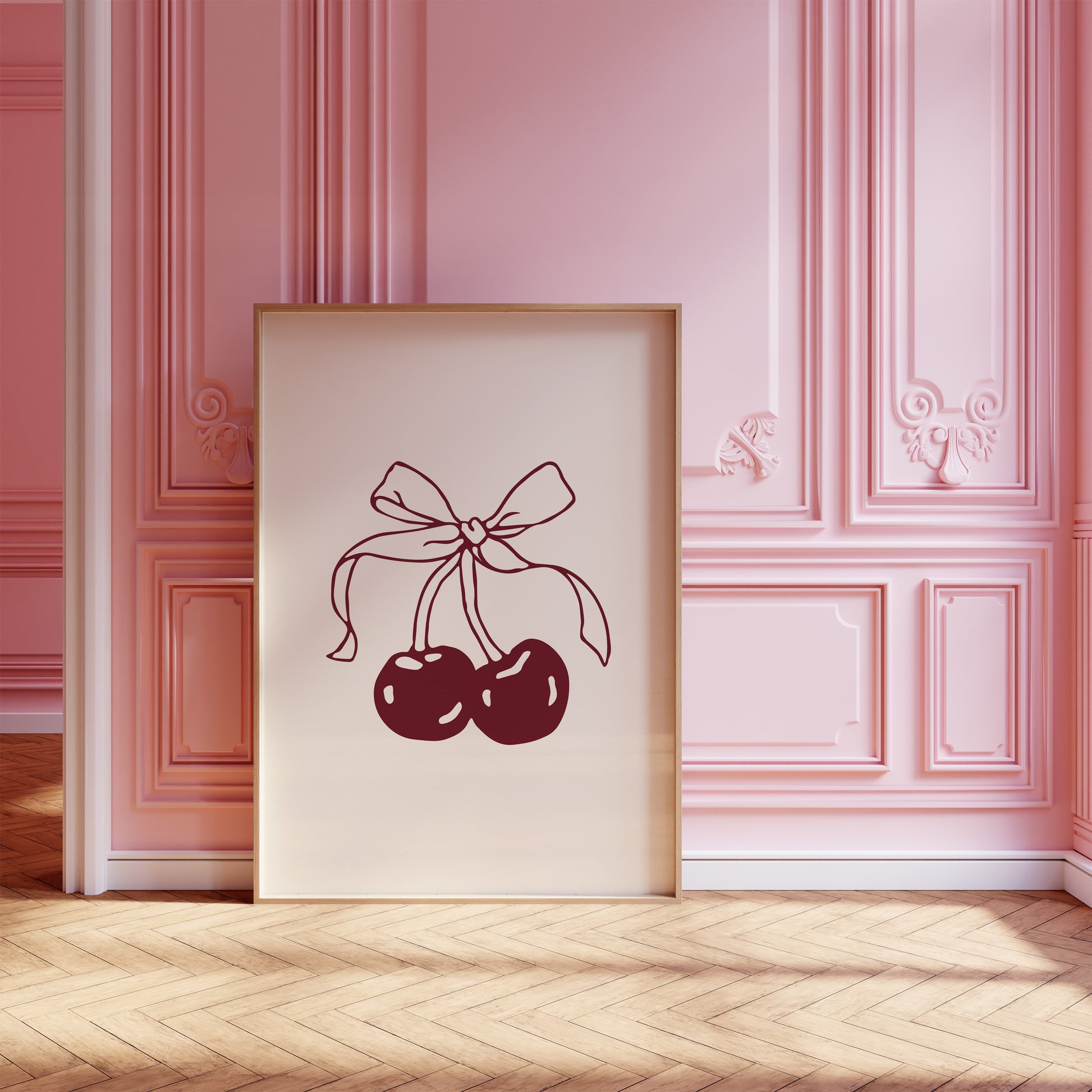 Detailed view of a burgundy cherry digital print with a hand-drawn bow on a neutral background.