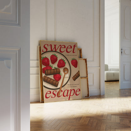 Printable dessert-themed artwork featuring vibrant strawberries.